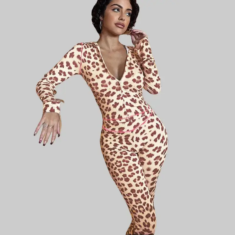 Leopard Print 2 Piece Set for Women, Sexy Longsleeve Zipper Hoodie Crop Top with Wide-Leg Trousers Casual Party Outfit, Lady, Trouser, Casual Outfit Set, Two Piece Set