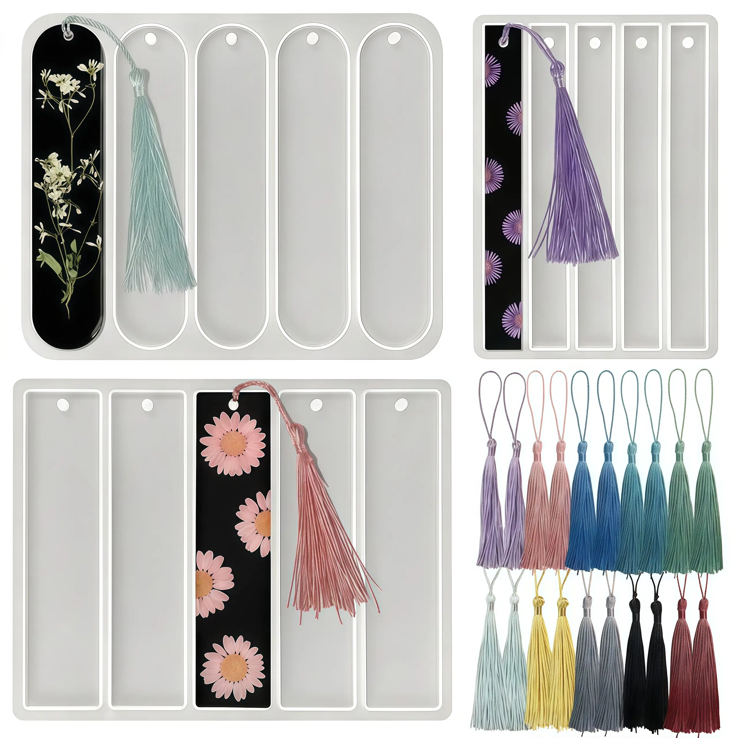 Set of 3 Silicone Bookmark Molds, Shiny Rectangle Resin Molds in Small & Medium Size, DIY Craft Molds with Matching Tassels