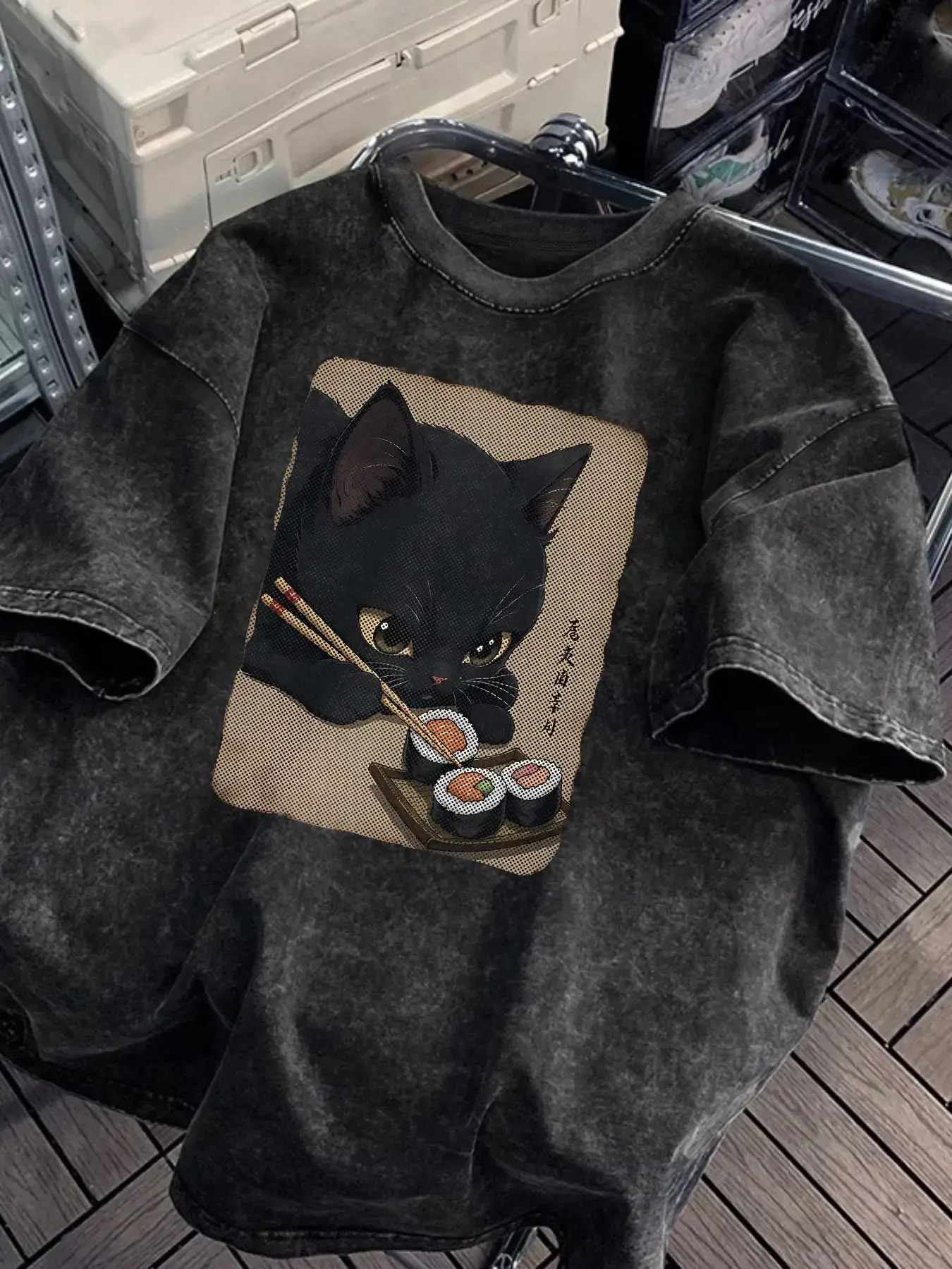 Men's Oversized Loose Baggy Short-Sleeve Cat Print T-Shirt - Summer Washed Round Neck, Casual Streetwear, Comfortable Stylish Daily Wear Top