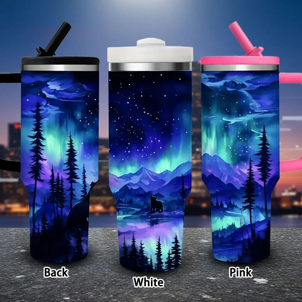 40 oz Insulated Vacuum Flask Tumbler (1 Pc) - "Mystical Night," "Aurora Borealis," "Mountain Landscape" Designs, Includes Lid & Straw, Ideal for Hot/Iced Coffee, Valentine’s Day Gift for Women, Flasks, Portable, Single, Birthday Gifts