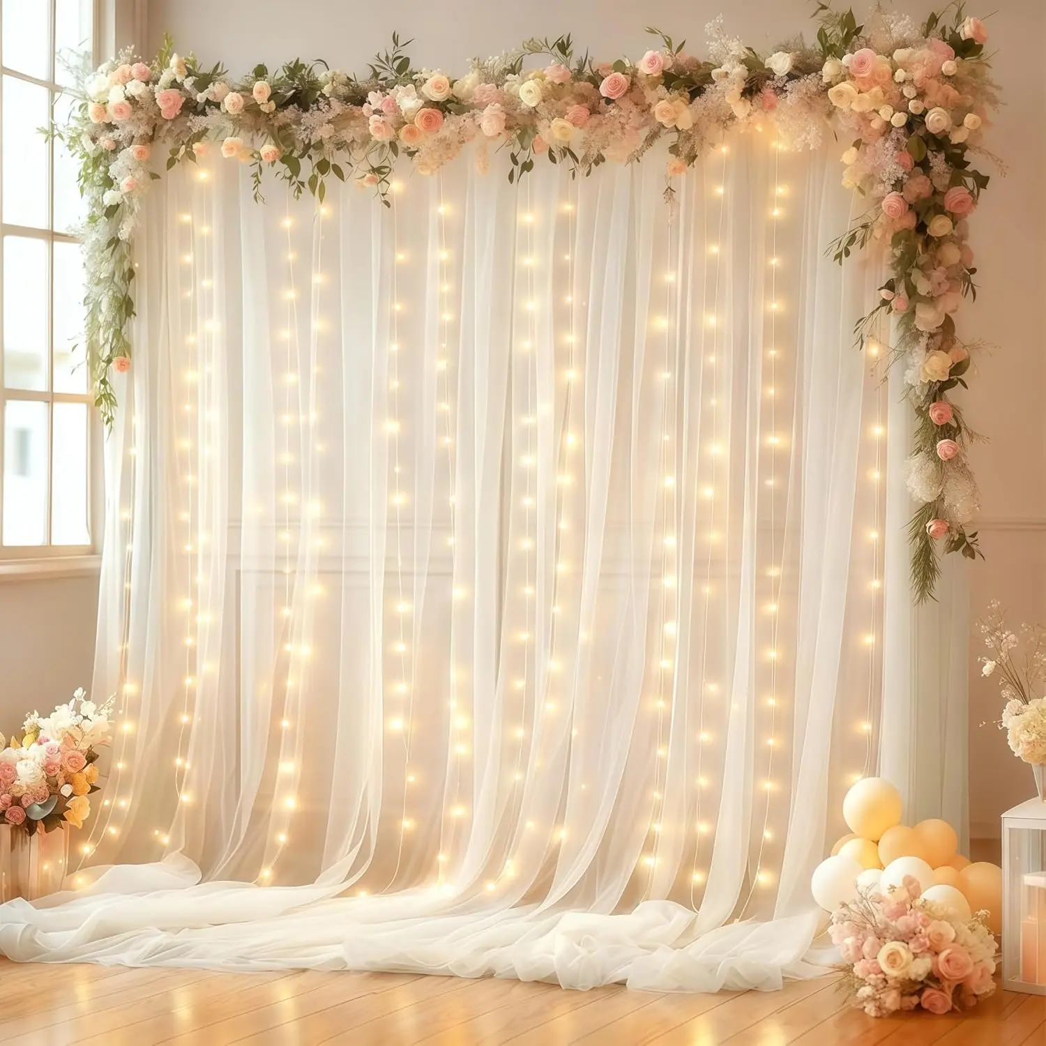 10x10FT White Wrinkle Free Backdrop Curtains with Lights String for Parties - Photo Curtain Backdrop with Lights for Wedding Decorations, Bridal  Shower Birthday Party Photography Background