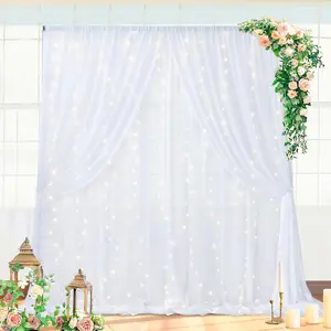 Sheer Backdrop Curtain with Lights String for Parites 20×10ft White Tulle Backdrop Curtain for Wedding Baby Shower Birthday Party Photo Shoot Decorations(4 Panels 5ft×10ft)