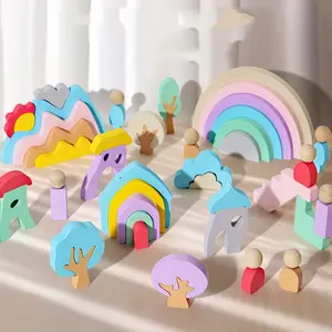 Pastel Wooden Rainbow Scene Building Blocks - Imaginative Landscape & Architecture Playset with Houses, Trees & Figures, Ideal for Creative Play & Home Decor, Premium Wooden Toy for Family Bonding & Gift for Art Enthusiasts