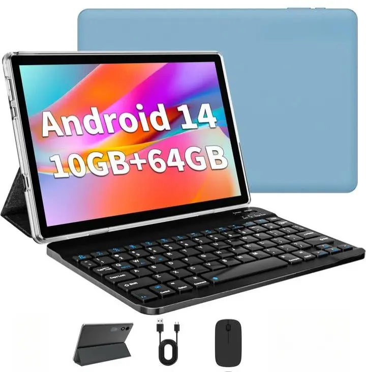 TechGiant 10.1" Android 14 Tablet with 10GB RAM 64GB Storage Octa-Core Dual Camera 6000mAh Battery Fast Charging Keyboard & Mouse Included