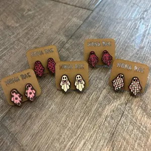 Pink Ghost Stud Earrings – Breast Cancer Awareness Halloween Earrings – Laser Cut Wooden Earrings