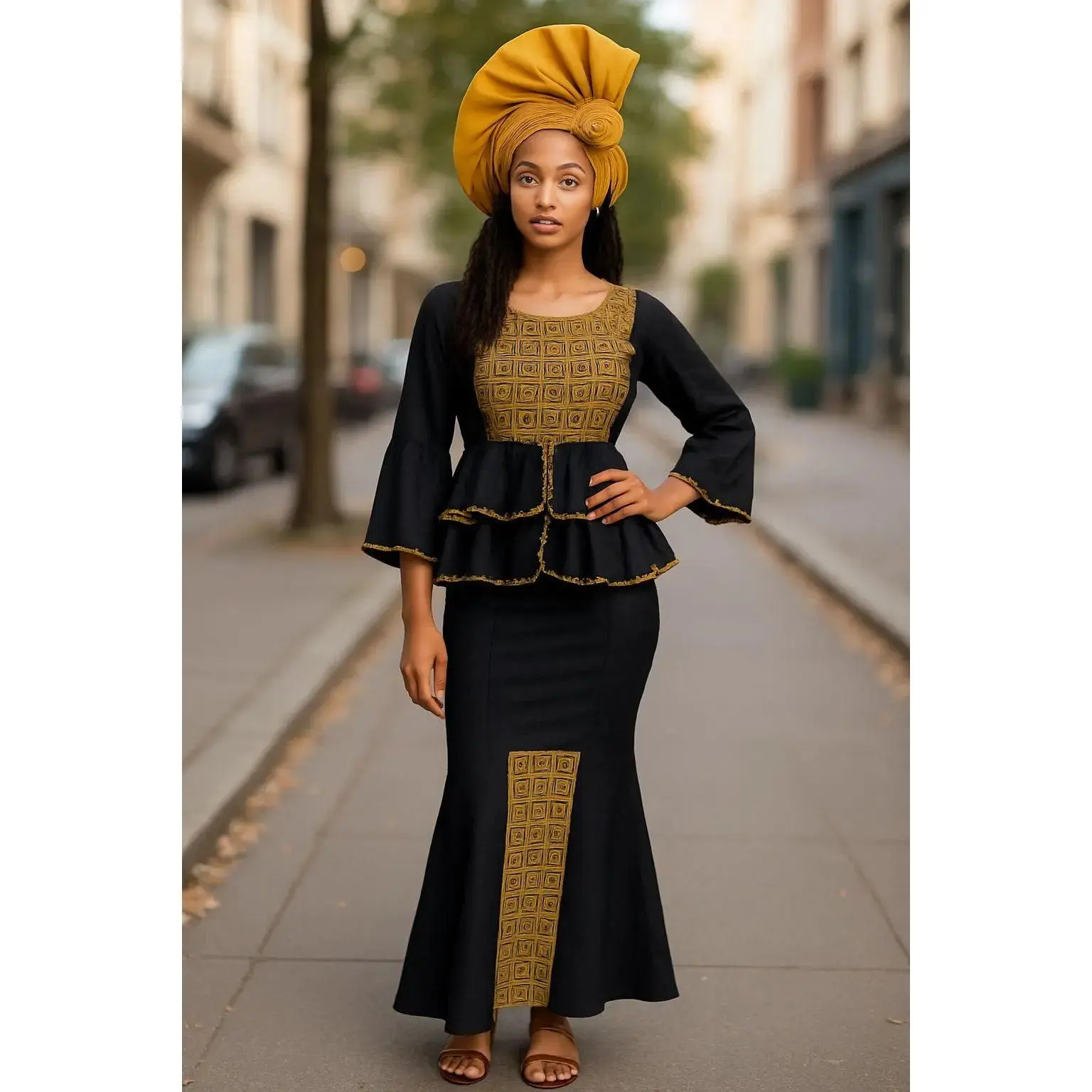 Black Panther African Top and Skirt with Gold Embroidery-DP3939T | African Fashion | Dupsie's