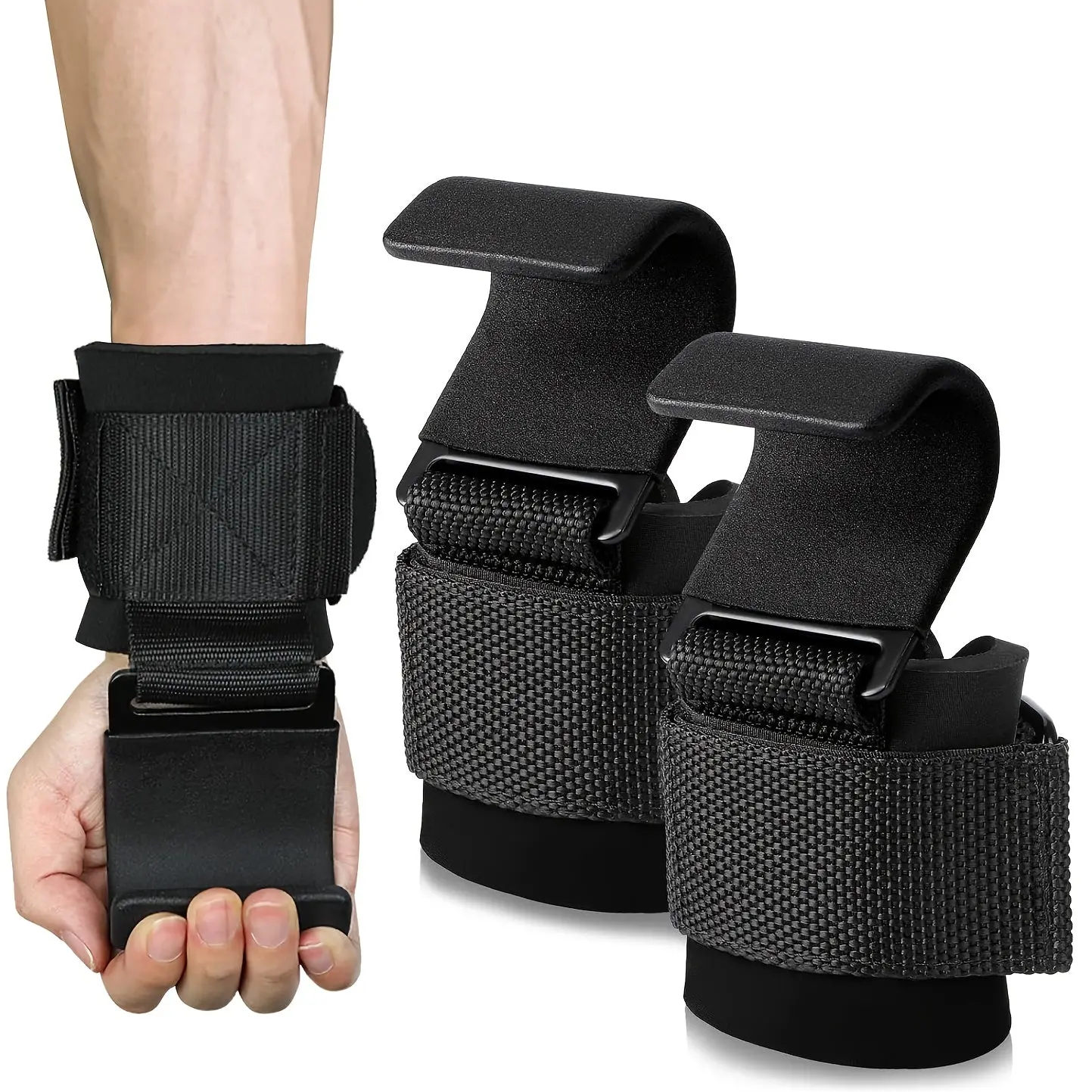 Solid Black Lifting Hooks with Anti-Slip Rubber Grip and Adjustable Wraps for a Comfortable Hook Grip During Pull-Ups, Bodybuilding, Unisex