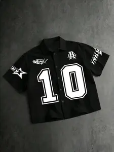 Unisex Cropped Racing Style 10 Number Graphic Print Short Sleeve Button Down Casual Top Shirt | Y2K Retro Sporty High Street Black & White Streetwear Fashion