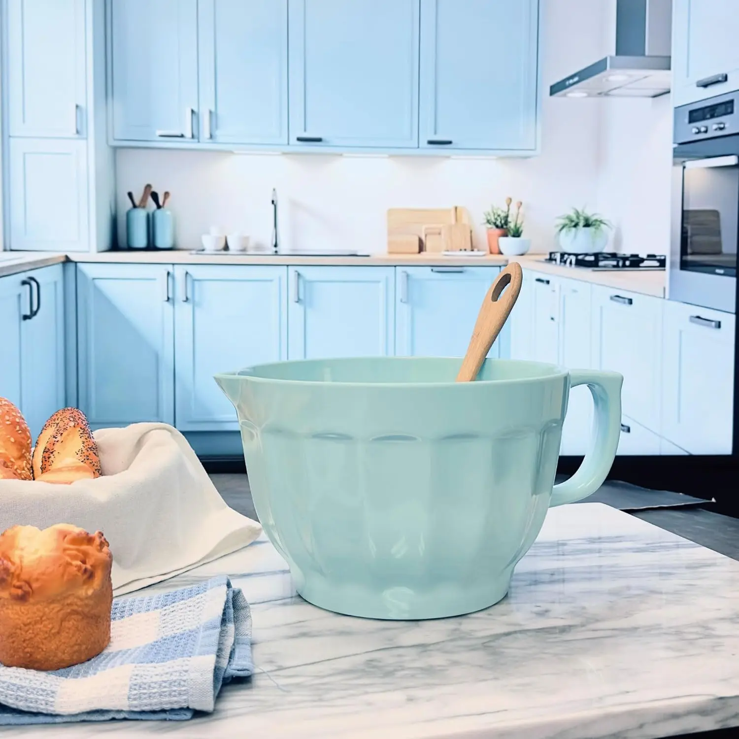 Latte Style Melamine Batter Bowl with Pour Spout, Handle and Non-Slip Base, Grip Handle for Easy Mix and Pour, Home Essentials Cooking and Baking Tools, 4.3 quart, 11.5 x 8.75 Inch, Blue