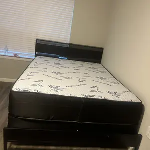 Wood Bed Frame for Queen King Full with Headboard & Storage Shelf, Queen Size Bed Frame with LED Lights & Charging Station,  No Mattress, Holds up to 900LBS with Metal Slats & Frame, No Noise