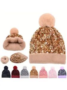 Women's Shiny Sequins Knit Winter Fashion Matching Hat, Soft Detachable Warm Thickened Beanie, Teenage Girls Fashion Accessory for Cold Weather