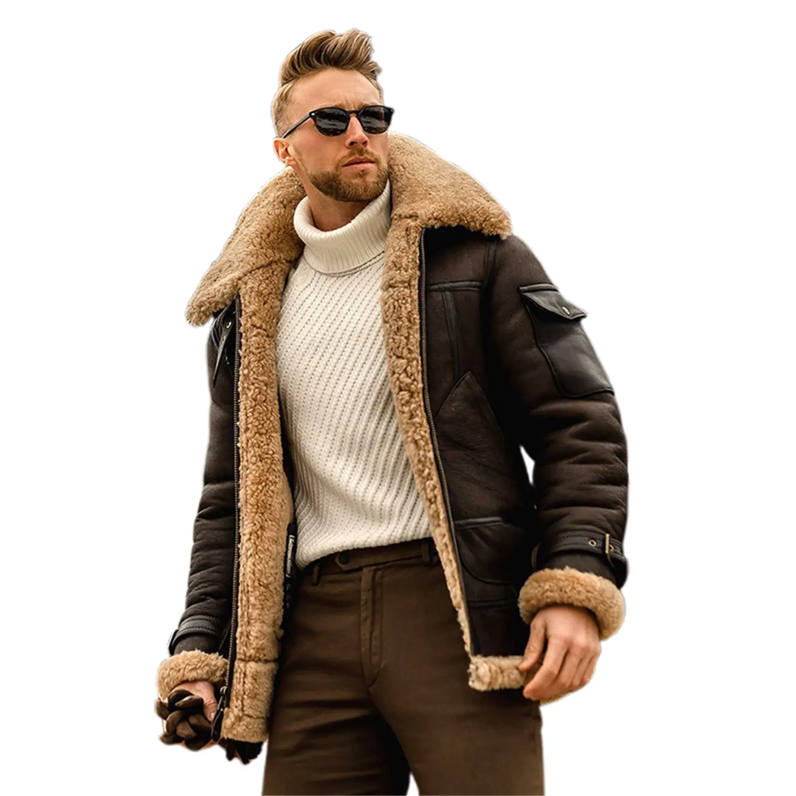 Men's Long Shearling Leather Aviator Jacket - Vintage Pilot Style, Warm Fleece Faux Fur Lined Cotton Coat with Pockets, Simple Design for Winter Outdoor Wear, Menswear