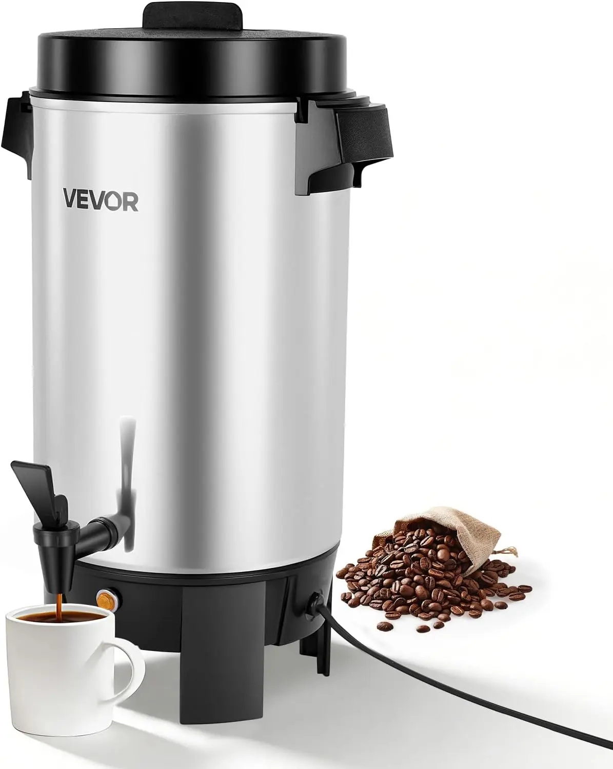 VEVOR Commercial Large Size Coffee Urn, 40-Cup 203oz Hot Beverage Dispenser with Dripless Tap, 1090W Quick-Brewing Hot Brewer, Automatic Temperature Control, for Catering, Restaurants