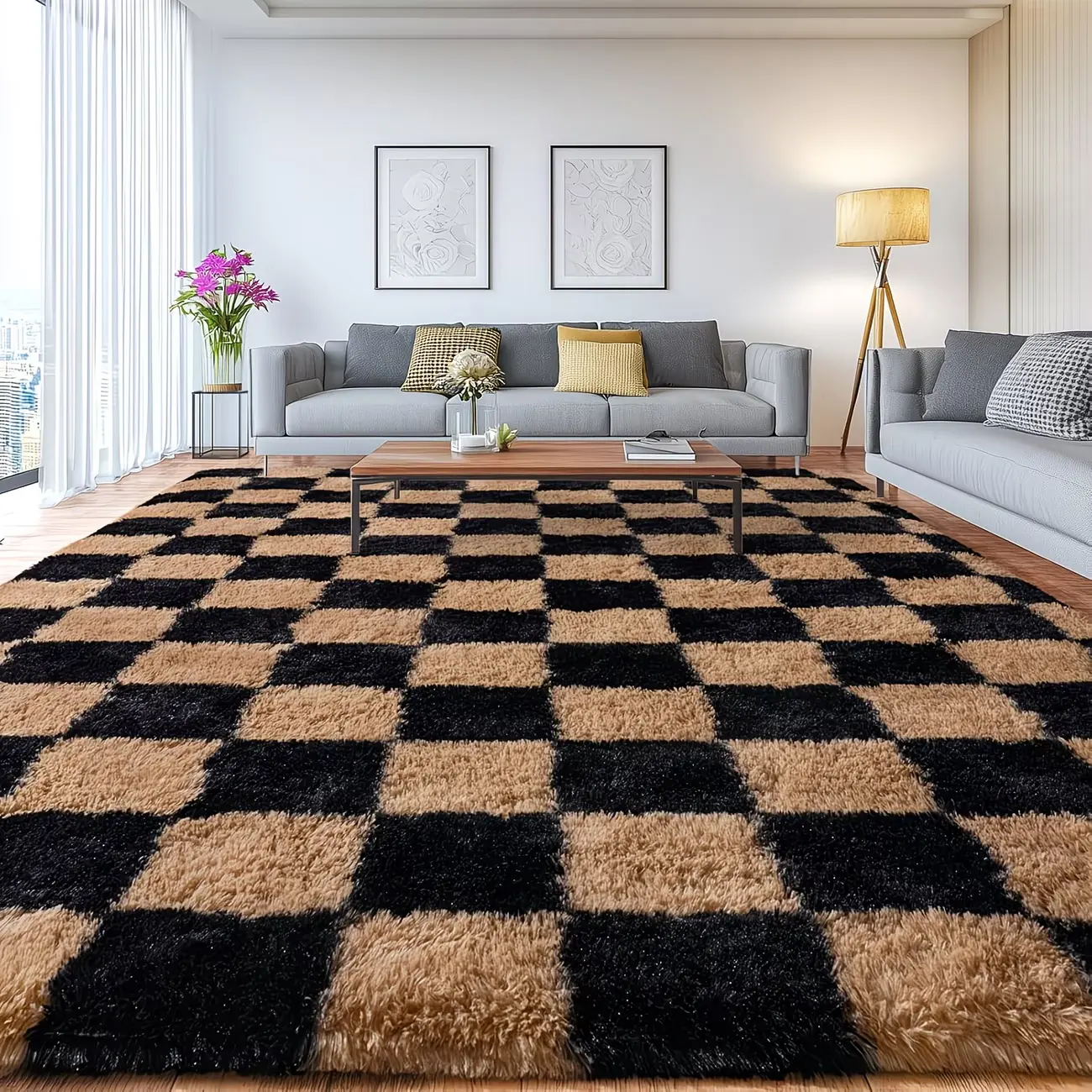 JAKOLIVE Cozy Soft Modern Shaggy Rug For Bed Room, Large Indoor Fluffy Plush Non-Slip Carpet For Living Room , Room Decor, Kitchen, Dining Room, Study Room, Dressing Room, Office, Home Decor, Gift For Mother's Day, Black Camel Checkered Rug