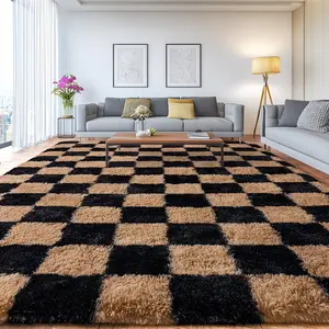 JAKOLIVE Cozy Soft Modern Shaggy Rug For Bed Room, Large Indoor Fluffy Plush Non-Slip Carpet For Living Room , Room Decor, Kitchen, Dining Room, Study Room, Dressing Room, Office, Home Decor, Gift For Mother's Day, Black Camel Checkered Rug
