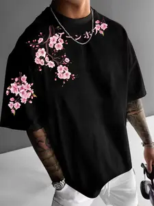 Men's Casual Sports Short Sleeve Shirt, Sakura Print, Comfortable Round Neck T-Shirt for Outdoor, Gym, Shopping, All Seasons, Gym Workout Tee