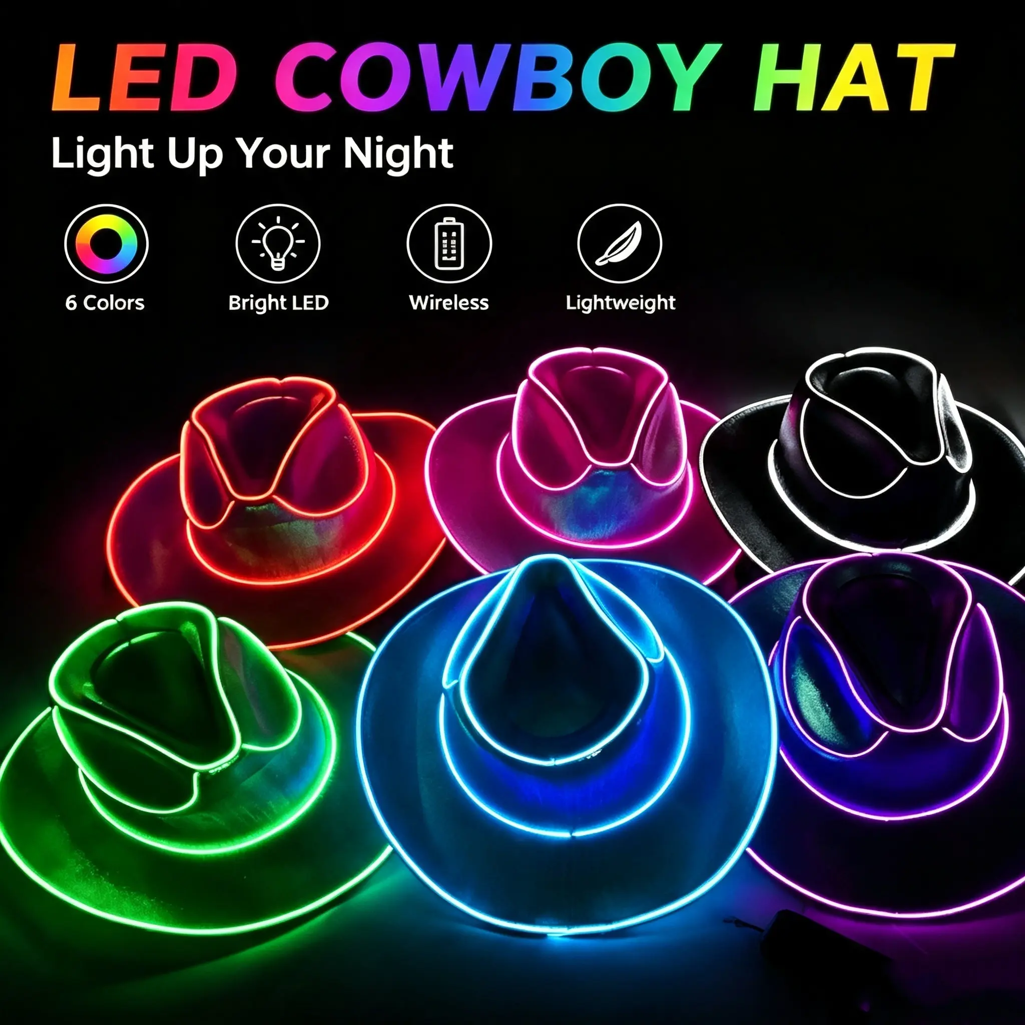 LED Neon Shiny Luminous Pearl Iridescent Western Cowboy Hat - Lightweight Sparkly Selfie Accessory, Halloween Party & Stage Show Costume Gift (Mobile Phone Electronics Accessory), Accessories
