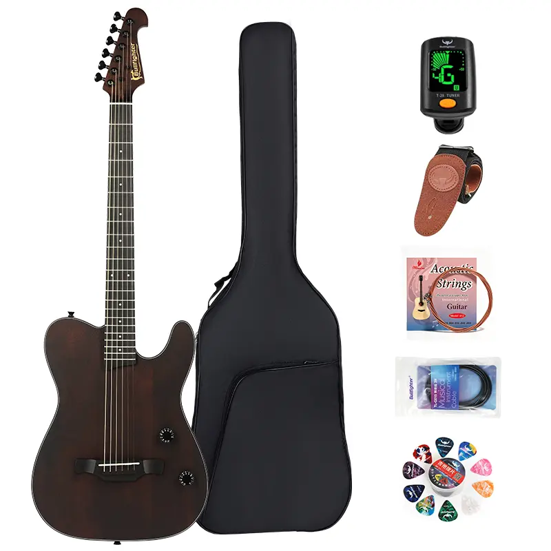 Bullfighter Portable Silent 6-String Steel-String Guitar (K6) — A travel guitar ideal for outdoor camping, featuring a built-in pickup and rosewood appointments; includes a guitar strap, strings, gig bag, and batteries.