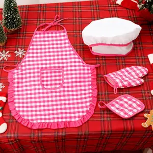 Plaid Pattern Polyester Kitchen Cooking Apron Set, Kids Baking Role Play Costume, Kindergarten Culinary Experience Gear, New Year Party Gift, Party Costume Accessory