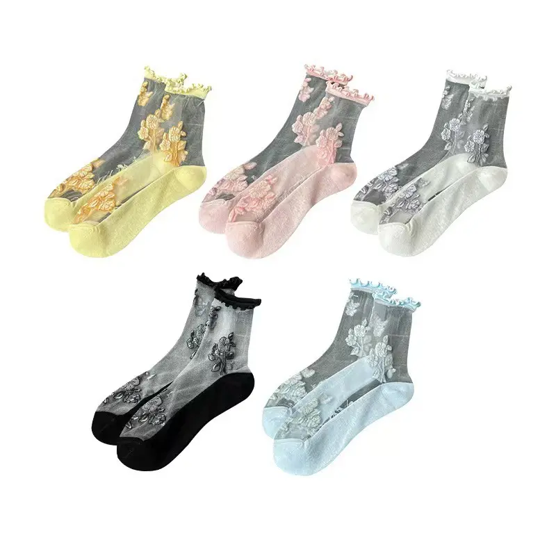 5Pairs Summer New Arrival Ice Silk Floral Crystal Crew Socks for Women, Ultra 5PThin Breathable Mid-calf Socks, Moisture Wicking Non-slip Sole Sheer Socks, Casual All-match Ladies Dress Socks