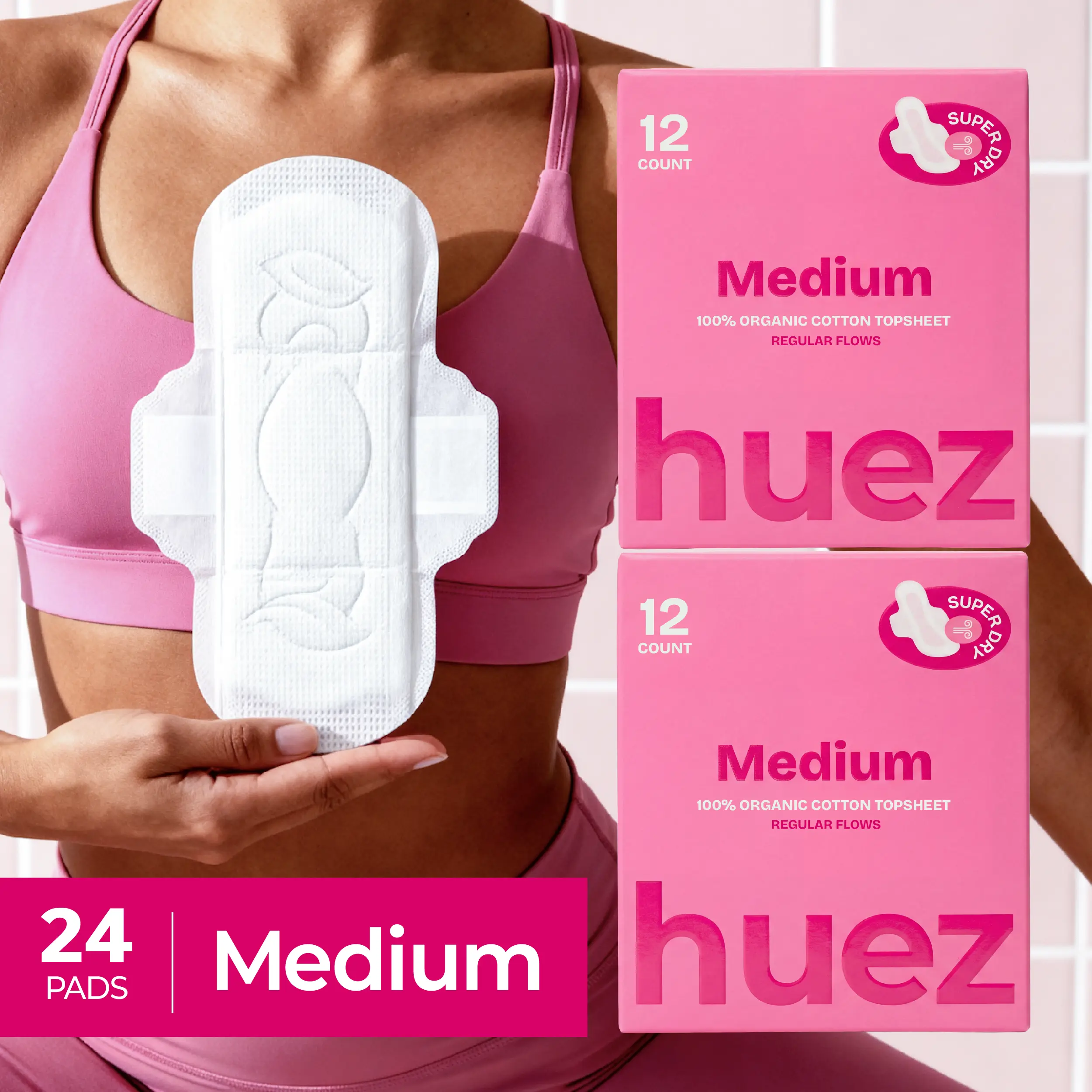 huez 100% Organic Cotton top sheet Sanitary Pads - Medium (24 Count, 2 packs) - 9.4 inch
