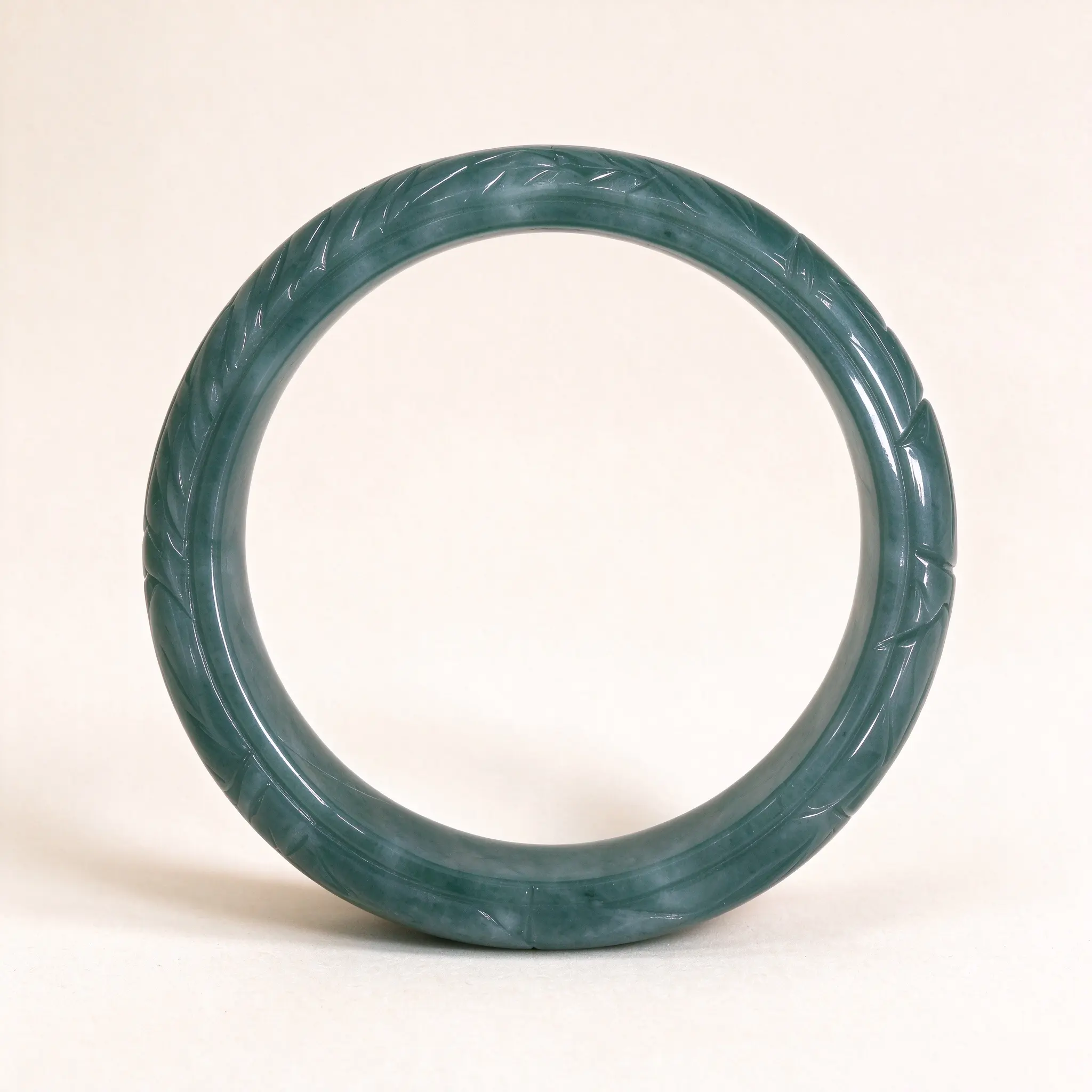 Blue Water Jadeite Carved Bangle, Hand Carved Leaf Pattern Jade Bracelet for Women