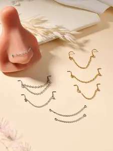 Nose Rings 20G Nose CZ Studs with Chain Stainless Steel Nose Piercing Jewelry Across Double CZ Nose Studs Nostril Piercing Jewelry Artificial Zircon Nose Piercing Kit