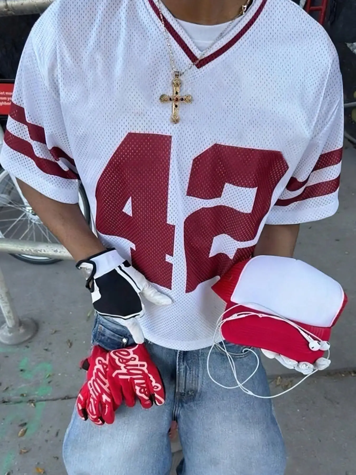 Retro 42 Breathable Mesh Jersey | Y2K street style, white and red cropped T-shirt, breathable workout top, Active Top, suitable for game day and casual wear, TikTok popular sports aesthetic