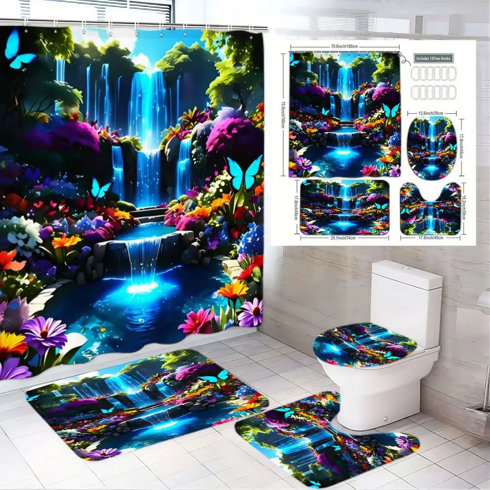 1/4pcs Waterfall Bathroom Curtain Set, Large Shower Curtain, Decorative Shower Curtain, Floral Shower Curtains, Floral & Butterfly Design, Matching Toilet Seat Cover, Bidet Mat, Floor Mat, Nature Theme, Bathroom Decoration Accessories