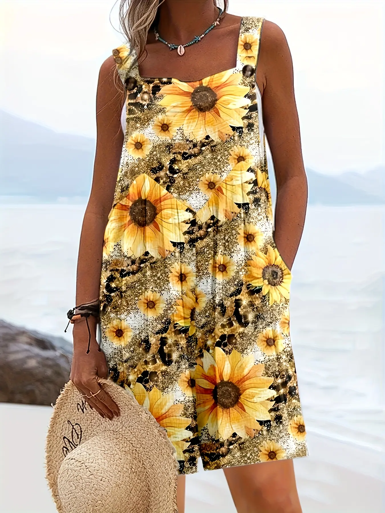 BONBON Summer Casual Resort Style Sunflower Print Short Jumpsuit For Women