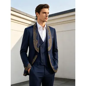 Menswear LongSleeve Luxury Mandarin Collar Rhinestone 3-Piece Tuxedo for Wedding Host Performance & Date