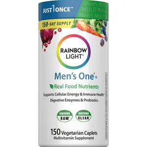 Rainbow Light Mens Multivitamin One + | 150 Caplets | Supports Cellular Energy & Immune Health | with Vitamins C, D, and Zinc | Real Food Nutrients, Digestive Enzymes & Probiotics