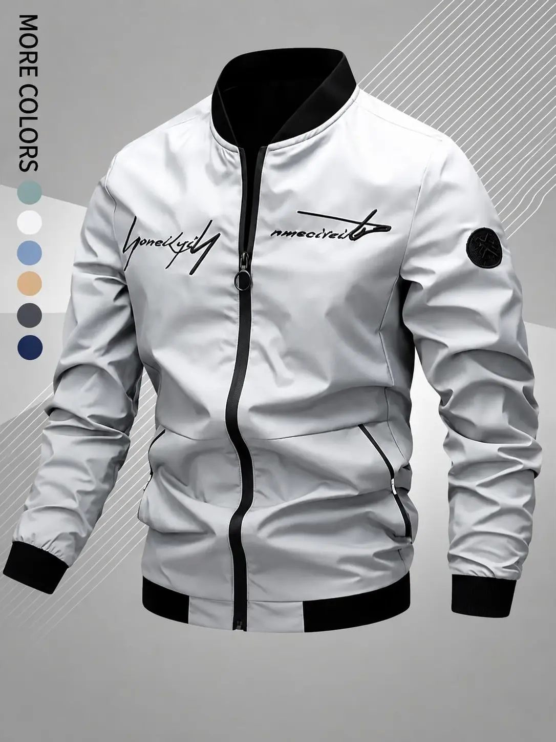 Men's Streetwear Bomber Jacket with Minimalist Graphic - Long Sleeve Coat with Custom Fit and Contrast Collar, Menswear, Coats, Hem, Longsleeves, Elastic Cuffs, Casual, Do Not Dry Clean, Tops, Stylish, Graphic Jackets