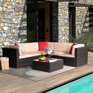 HOMALL 6 Pieces Patio Sectional Sofa All Weather PE Rattan Manual Wicker Conversation Sets with Washable Cushions and Glass Table