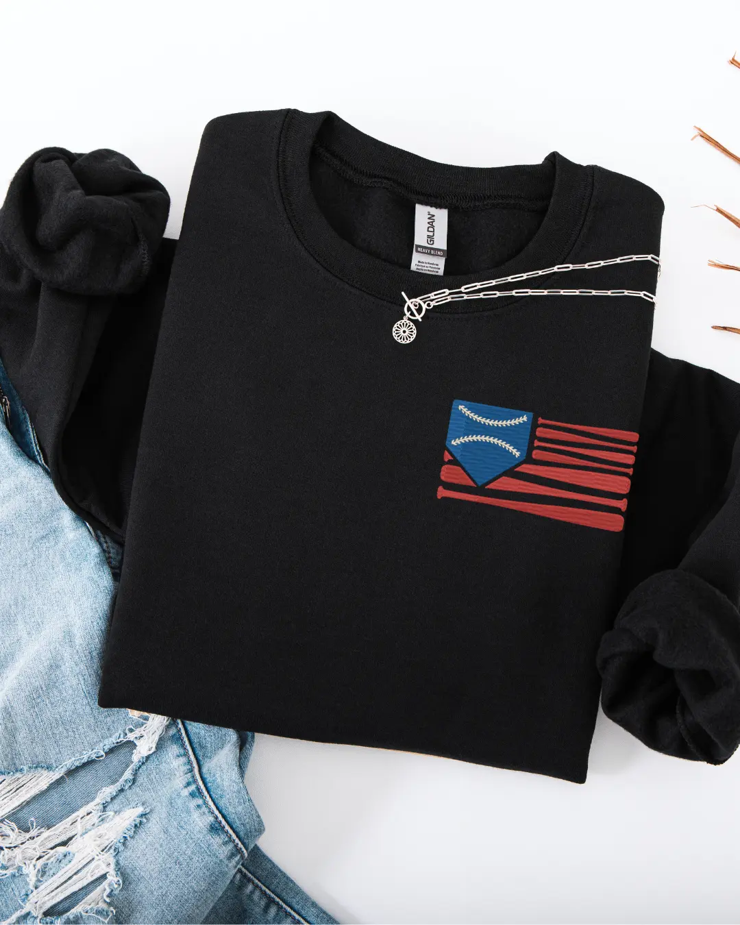 Embroidered Baseball Sweatshirt - American Flag Pullover, Baseball Gift, USA, Ideal for Baseball Enthusiasts