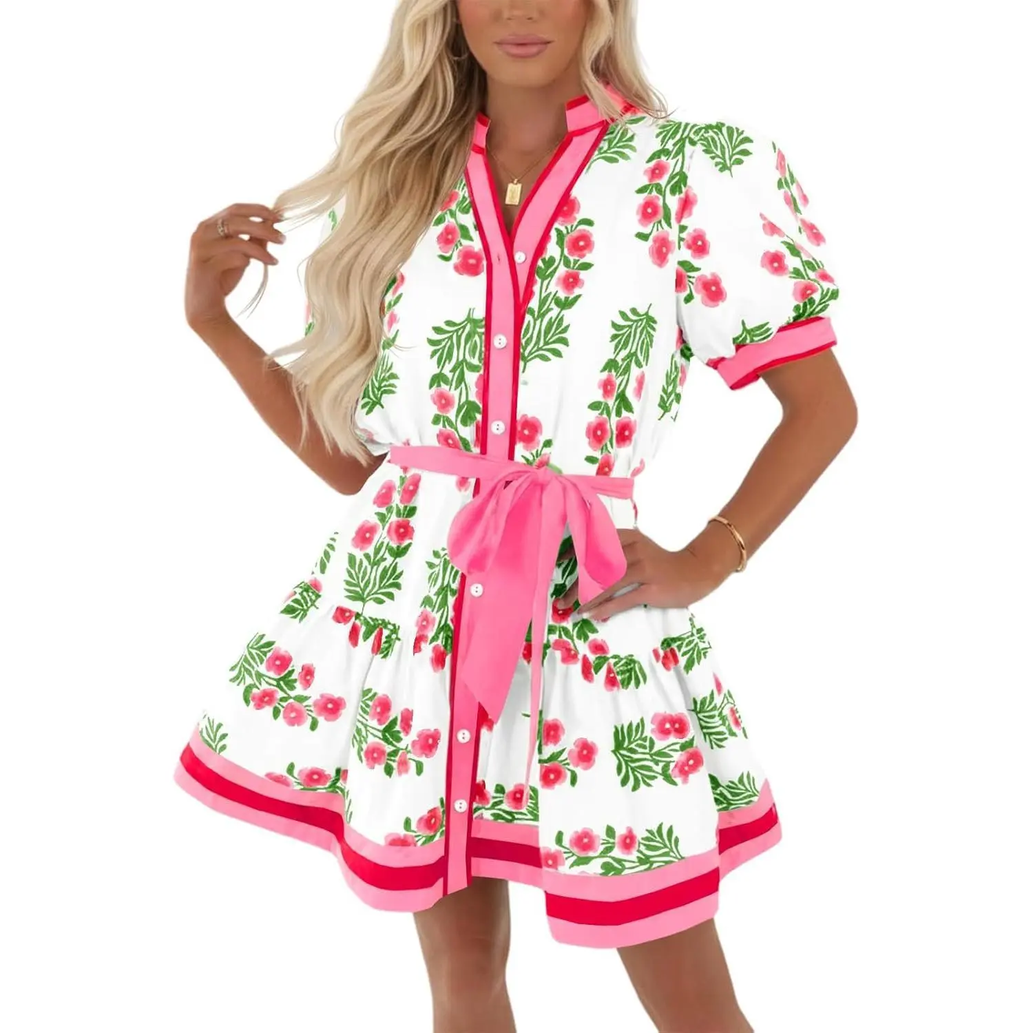 Wenrine Womens Summer Floral Mini Dress Puff Short Sleeve V Neck Button Down Casual Loose Boho Beach Dresses with Belt