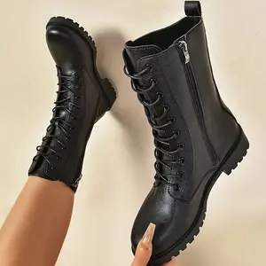 [Stylish Combat Boots] Comfortable Women's Stylish Black Combat Boots | High-Top Lace-Up With Rubber Sole, Perfect For Everyday Wear, Everyday Footwear