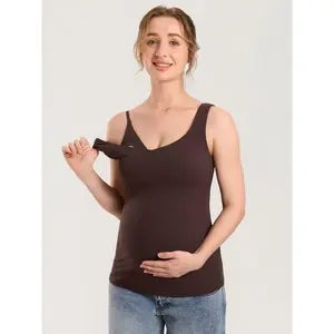 MOMANDA Natrelax Maternity Nursing Tank Tops with Built in Bra Sleeveless Casual Pregnancy Tee V Neck Workout Shirt Postpartum Outfit