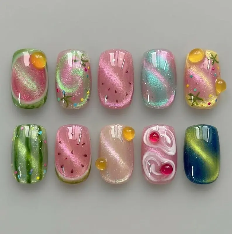 Press On Nails Y2K Watermelon Aesthetic 3D Dew Drops Pink Jelly Cat Eye And Summer Fruit Set