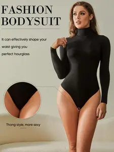 High Neck Long Sleeve Bodysuit, Waist Cinching Shapewear Top, Slimming Arm Lift Butt Lifting Tight Fit, Seamless High Stretch Underwear