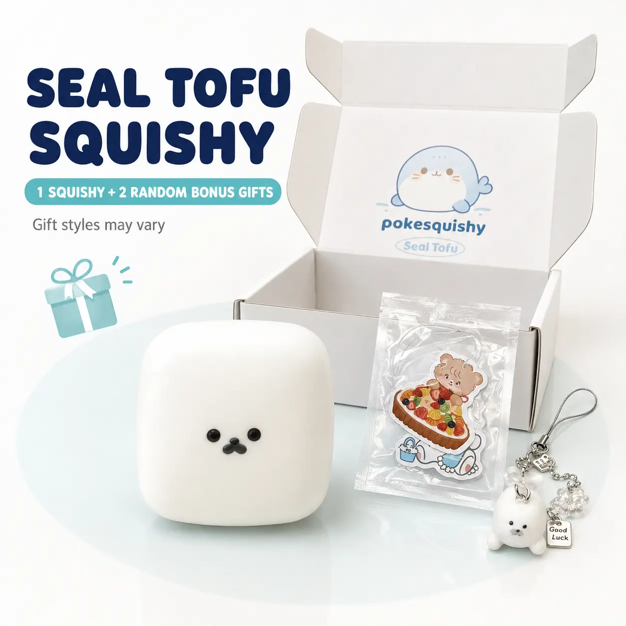 Seal Tofu Squishy with 2 Random Bonus Gifts - Adorable Soft Toy for Kids and Collectors,perfect for small hands, Great gifts for birthdays and holidays stress ball