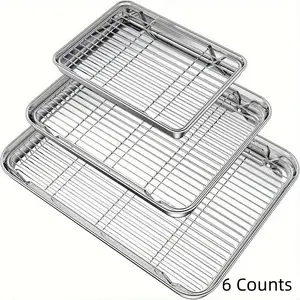 Stainless Steel Baking Sheet & Rack Set, 6 Counts/set Including 3 Versatile Oven Trays & 3 Cooling Racks, Easy To Clean, Food-safe Bakeware Set