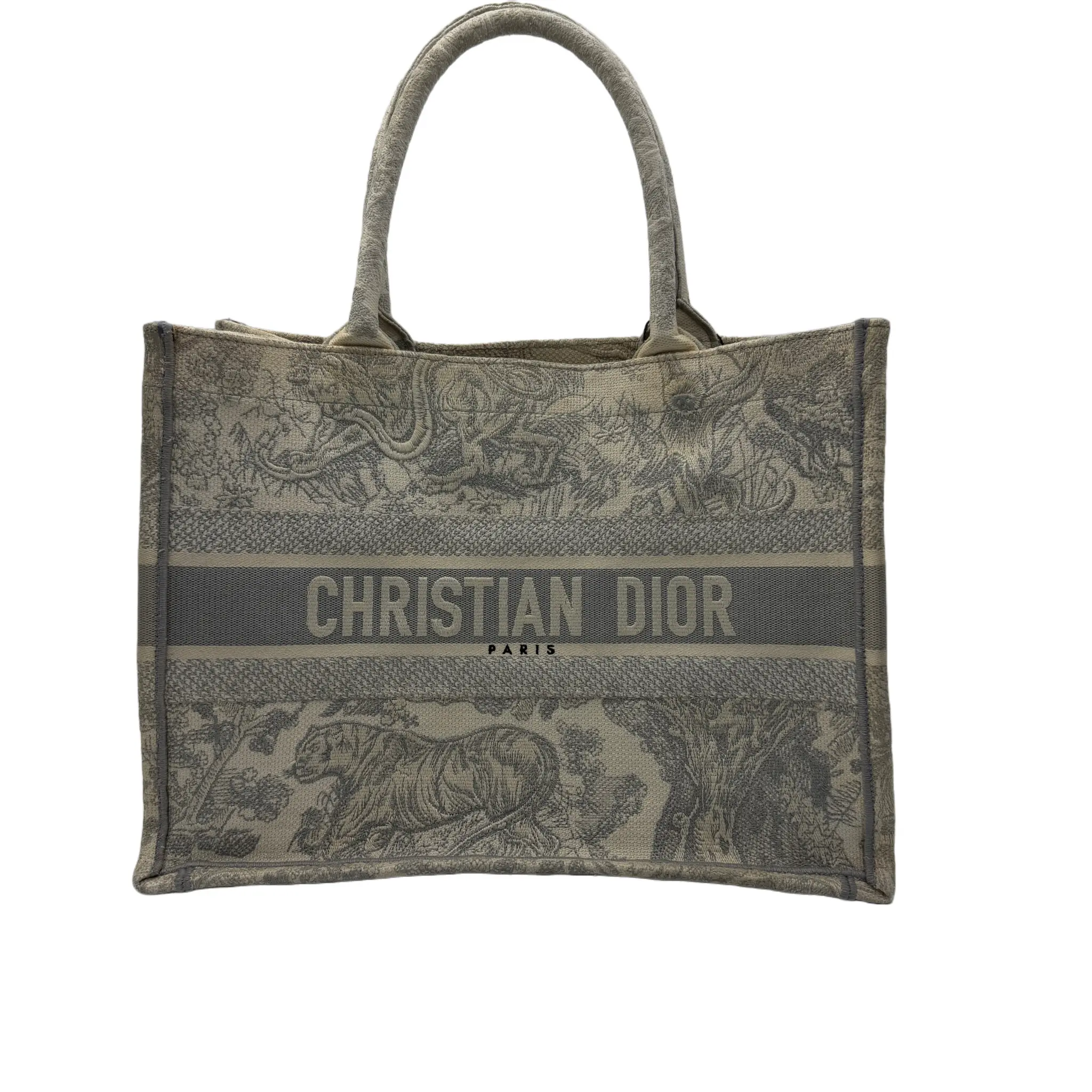 Pre-owned Dior Book Tote featuring logo embroidery and print, in a beige and gray colorway