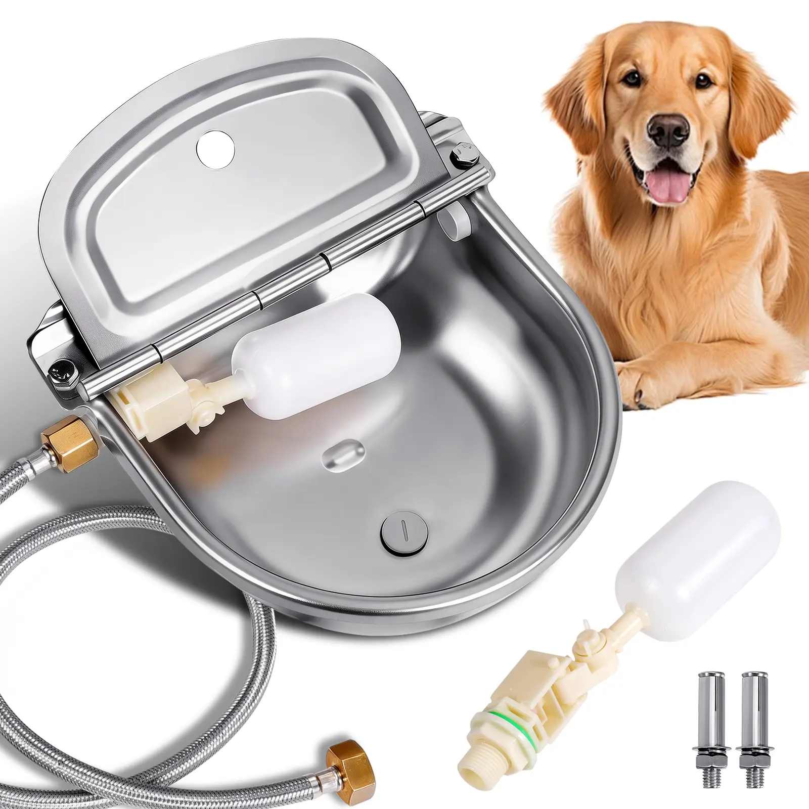 Large Capacity Stainless Steel Automatic Fill Poultry Water Dispenser with Drain Hole, Pipe, 2 Float Valves & Accessories – Non-Smart Farm Poultry & Horse Feeding Tool (Non-Smart Devices Category), Multiple Animals