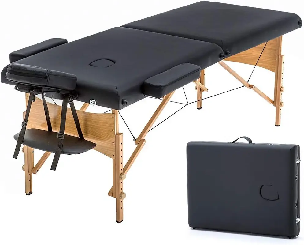 BestMassage 2-Folding 24-Inch Wide Sturdy Wood Portable Massage Table, Height-Adjustable PU Leather Salon Spa Bed with Non-Woven Bag for Facial, Tattoo Services
