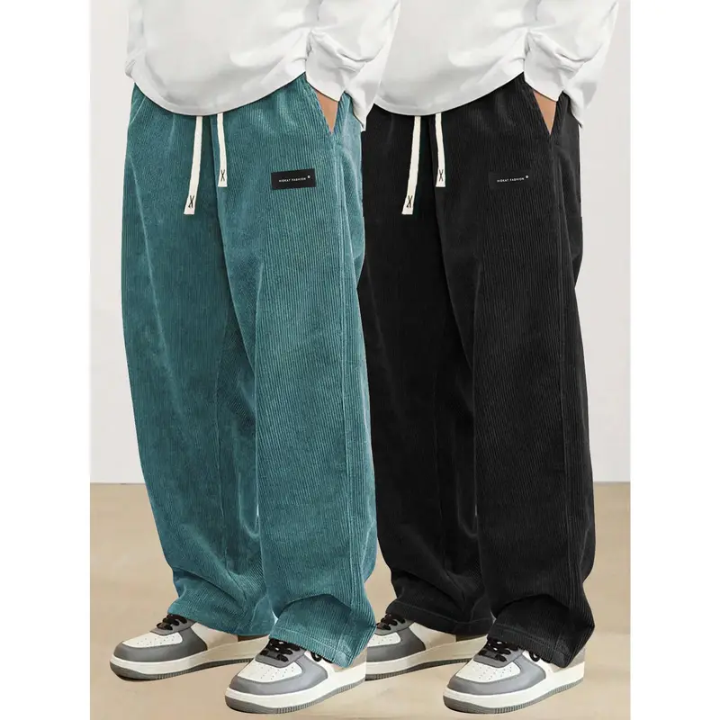 2pcs Men'S Casual Two-Tone Corduroy Pants, Men's Sweatpants Loose Fit, Vintage Texture, Comfortable Wear, Straight Leg, Mid Waist, Solid Color, Comfortable Leisurewear|Vintage Corduroy|Polyester Corduroy