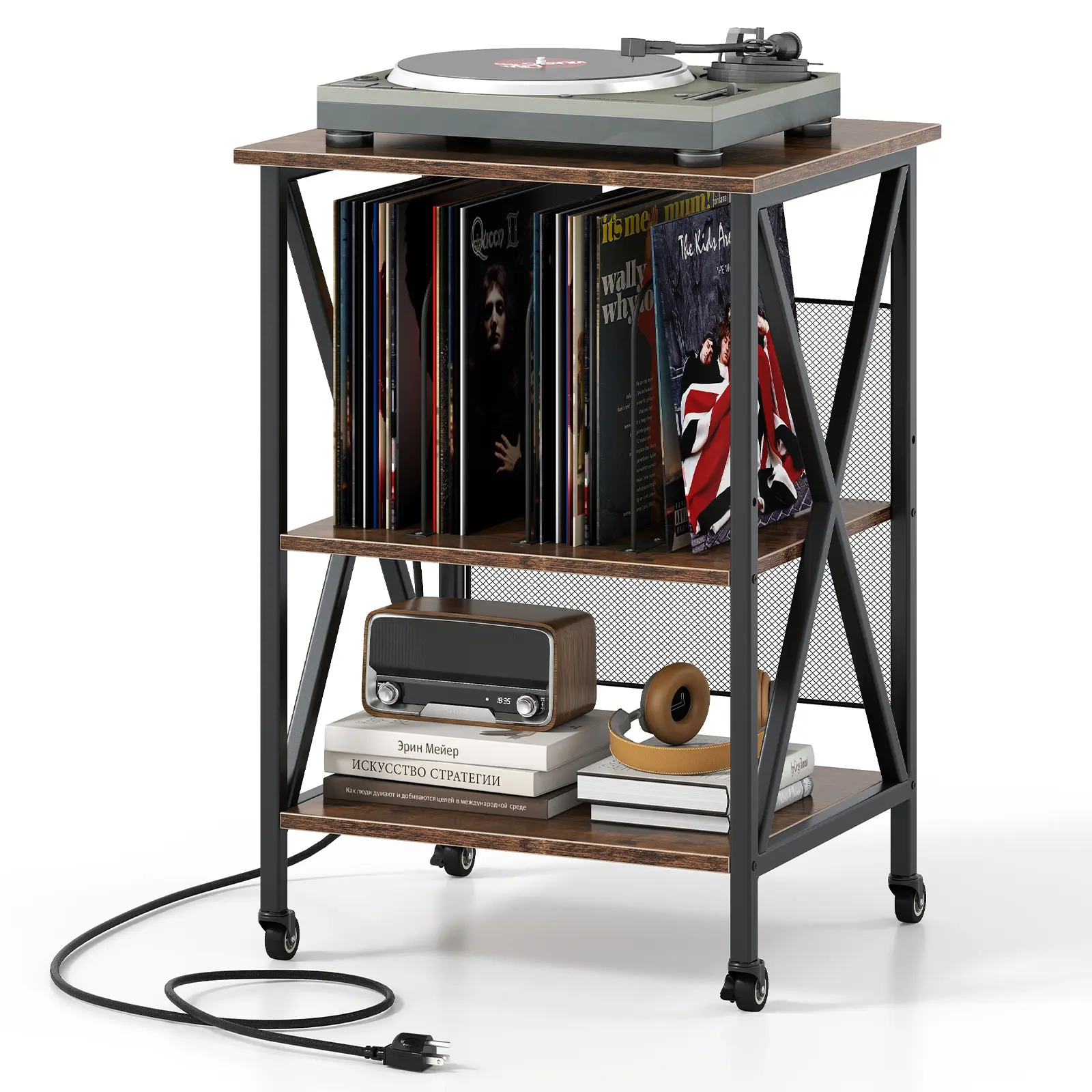 COSTWAY - 3-Tier Record Player Stand with Charging Station and Adjustable Shelf-Coffee