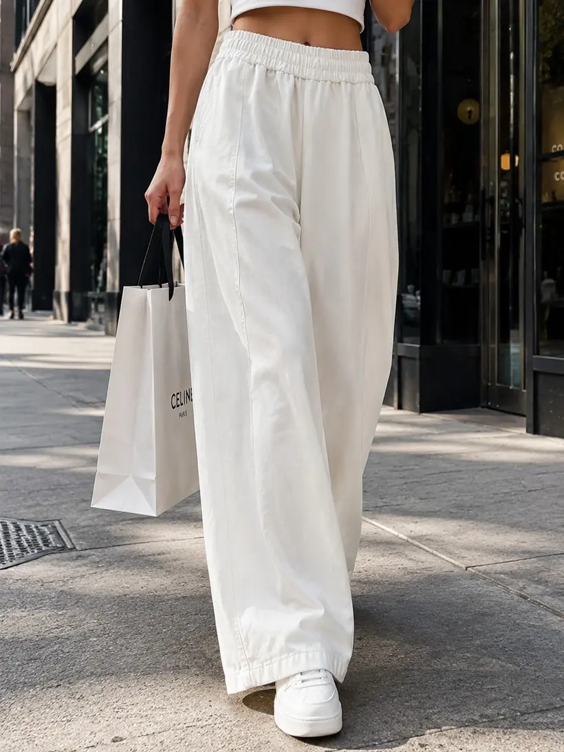 Women’s solid-color wide-leg pants with an elastic waistband, comfortable and breathable, stylish and versatile, suitable for all seasons—ideal for everyday casual wear, travel, and street style. Women’s pants, women’s bottoms.