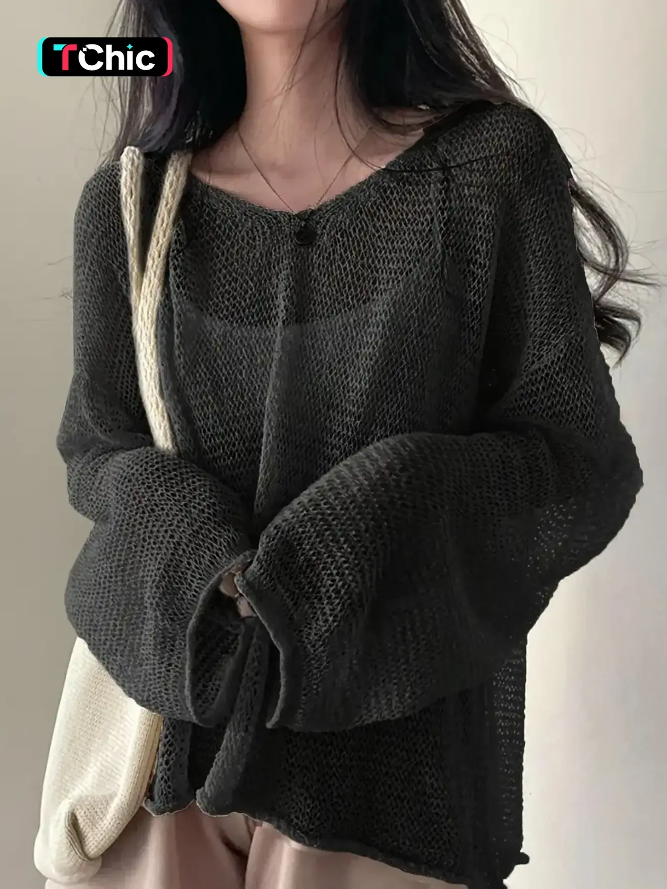 Women's Basic Solid Hollow Out Drop Shoulder Knitting Sweater, Boho Casual Long Sleeve Round Neck Jumper for Spring & Fall, Fashion Ladies' Knitwear for Daily Wear, Fit, Knit Casual Top