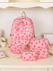 3pcs  Lightweight women's backpack with zipper closure and bow print, fashionable and versatile, cute and casual trend suitable for daily commuting, shopping, student campus, portable women's backpack
